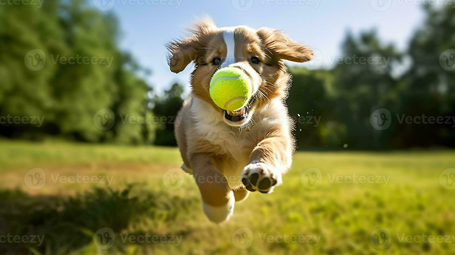 Dog puppy running play ball in the grass field, Generative AI photo