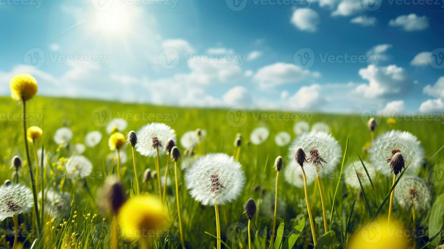 Dandelions in the grass. Beautiful bright natural image of fresh grass spring meadow with dandelions with blurred background and blue sky with clouds. Generative AI photo