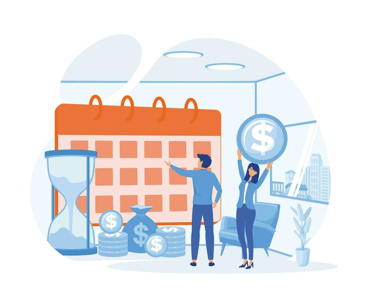 Payday loans concept. Woman indicates payment day on calendar. Deadline for repayment. flat vector modern illustration