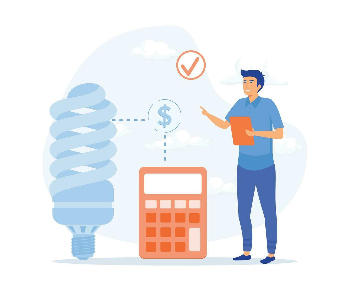Sustainability concept, Energy consumption in household. Characters using energy efficient devices, flat vector modern illustration