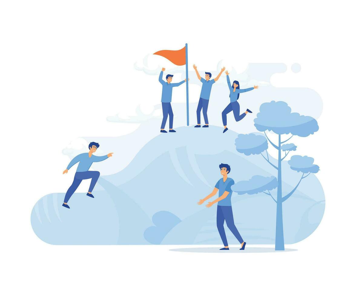 Business people characters climb top peak, Leadership and teamwork, Team leader show way, motivate to success, flat vector modern illustration