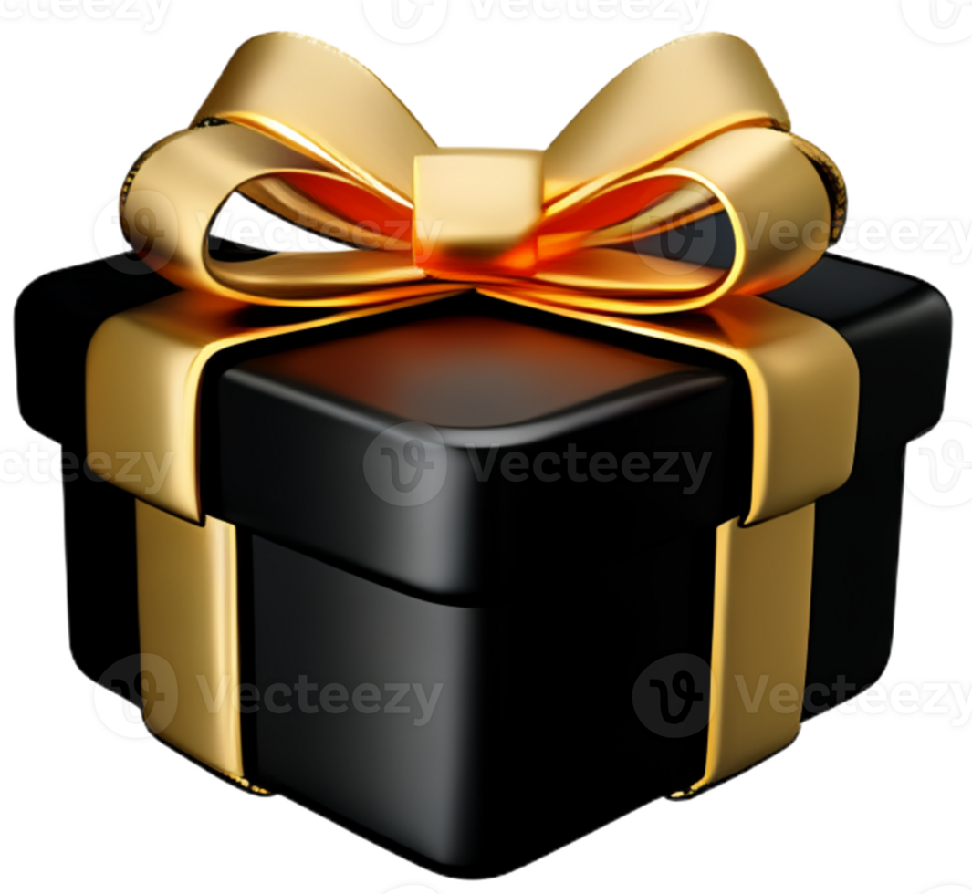 ai genererad 3d svart gåva låda med gyllene band rosett isolerat 3d framställa modern Semester överraskning låda flygande realistisk ikon för födelsedag gåva eller bröllop baner png