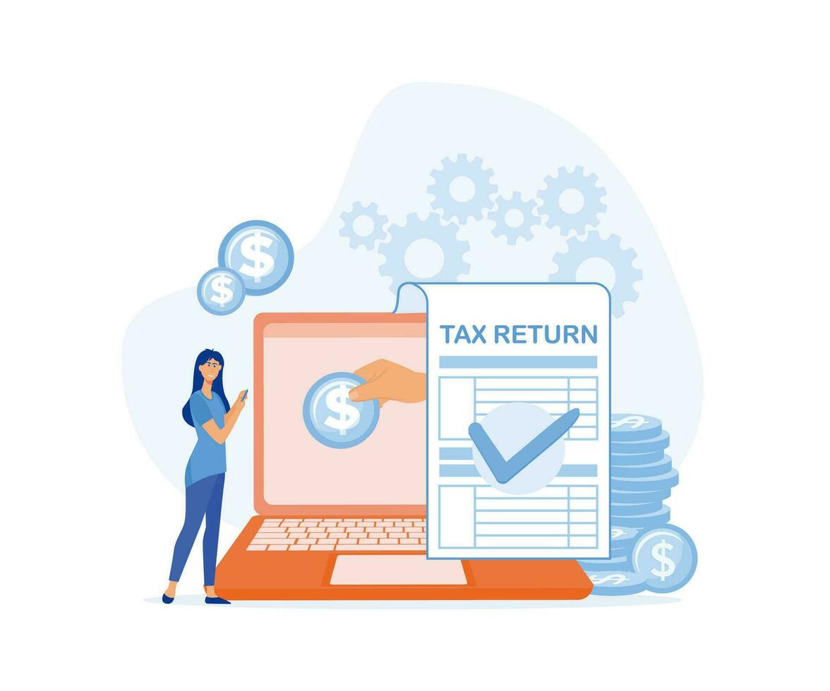 Tax return concept. Girl with laptop issues tax refund. Stacks of coins on background of financial document.  flat vector modern illustration