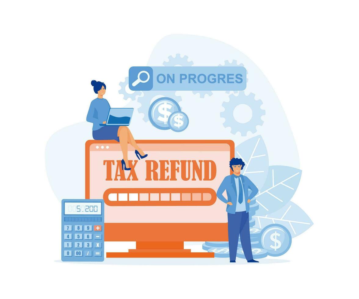 Tax Refund,  Business people with online Tax Refund status on the laptop, flat vector modern illustration