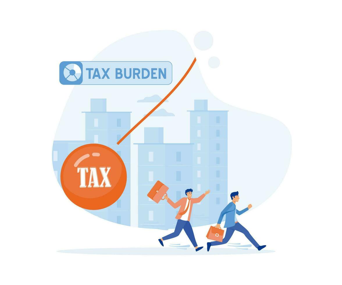 tax burden concept. Businessman running away from huge pendulum with message 'tax',  flat vector modern illustration