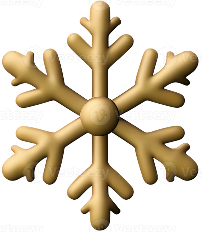 Golden chrome snowflake  3d realistic christmas decoration isolated on transparent background. Design element for Christmas. Ai generated png