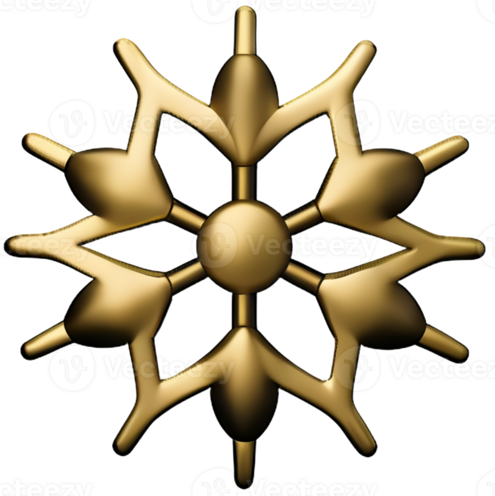 Golden chrome snowflake 3d realistic christmas decoration isolated on transparent background Design element for Christmas Ai generated png