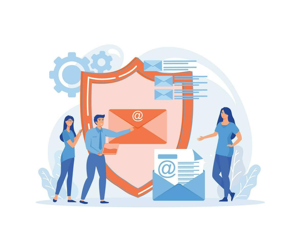 Encrypted, secure messenger concept.  People stand near big shield, email letters, messages. flat vector modern illustration