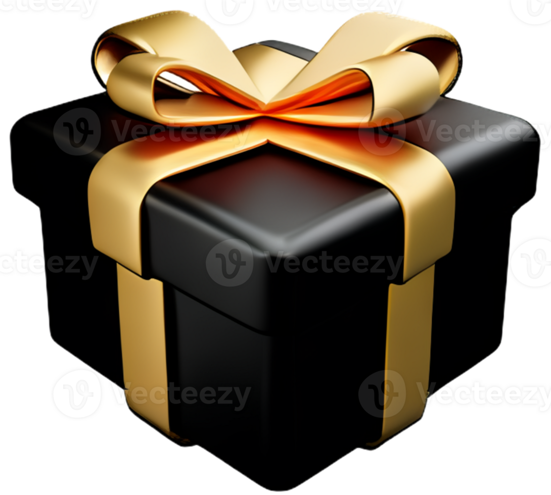 Ai generated  3d black gift box with golden ribbon bow isolated 3d render modern holiday surprise box flying Realistic for birthday gift or wedding banner png