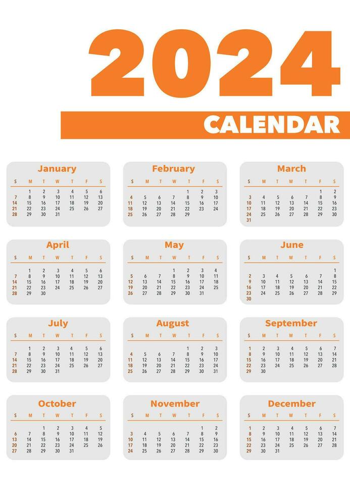 Simple 2024 year orange wall calendar a3 format. Week starts on Sunday vector