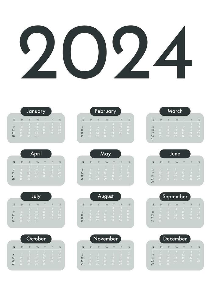 2024 year wall calendar layout. Week starts on Sunday. Calender template a3 format. Vector