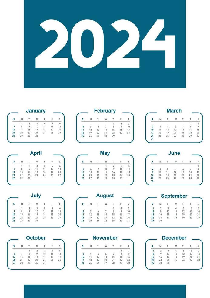 2024 year calendar template. Simple corporate calender layout a3 format. Week starts on Sunday. vector