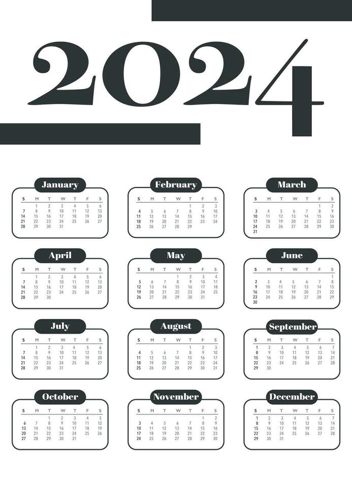 2024 year calendar template. Simple corporate calender layout a3 format