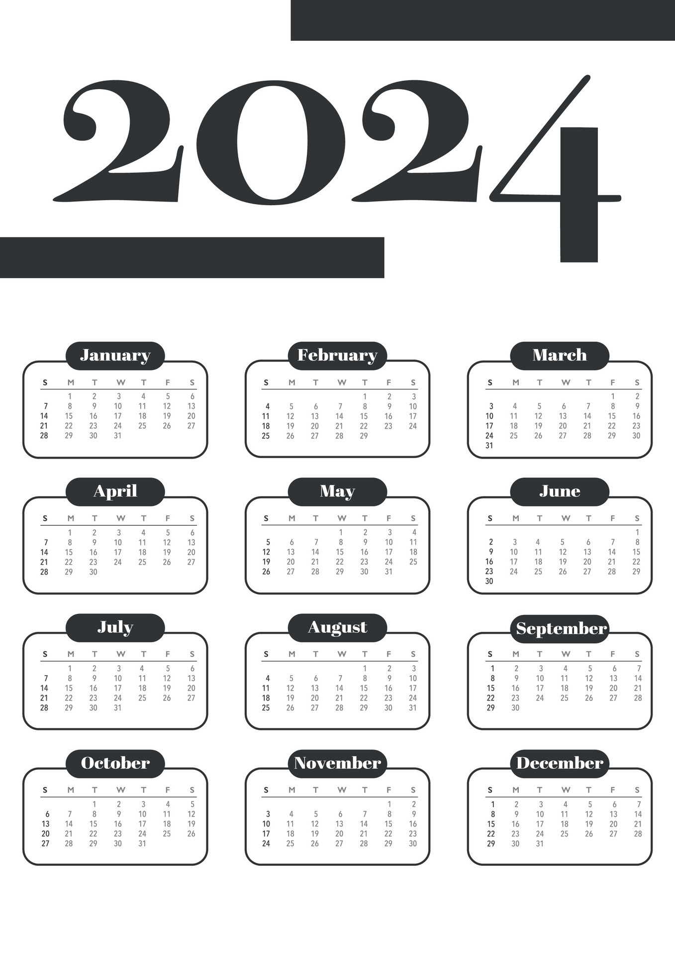 2024 year calendar template. Simple corporate calender layout a3 format