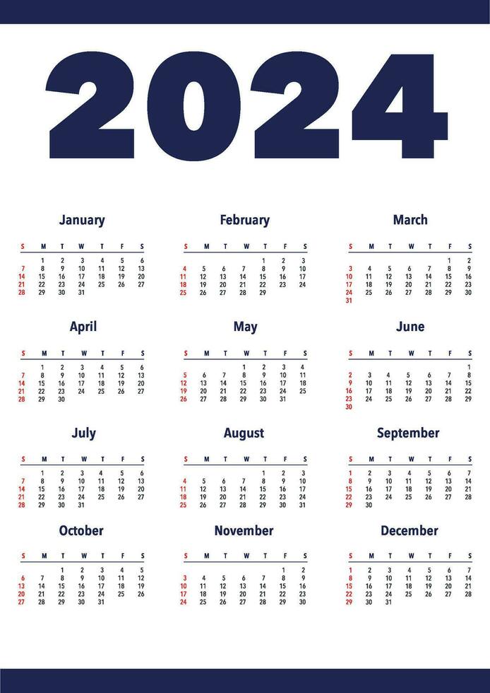 Simple 2024 year calendar. Week starts on Sunday.Wall calender template a3 format. Vector