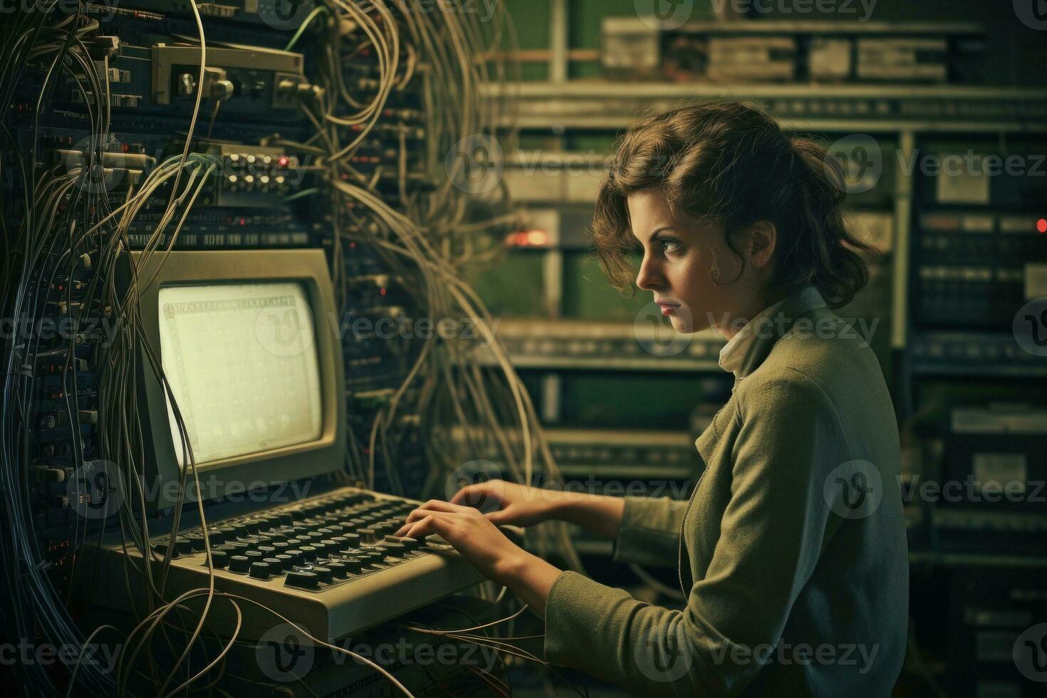 Woman using vintage computer. Generative AI photo