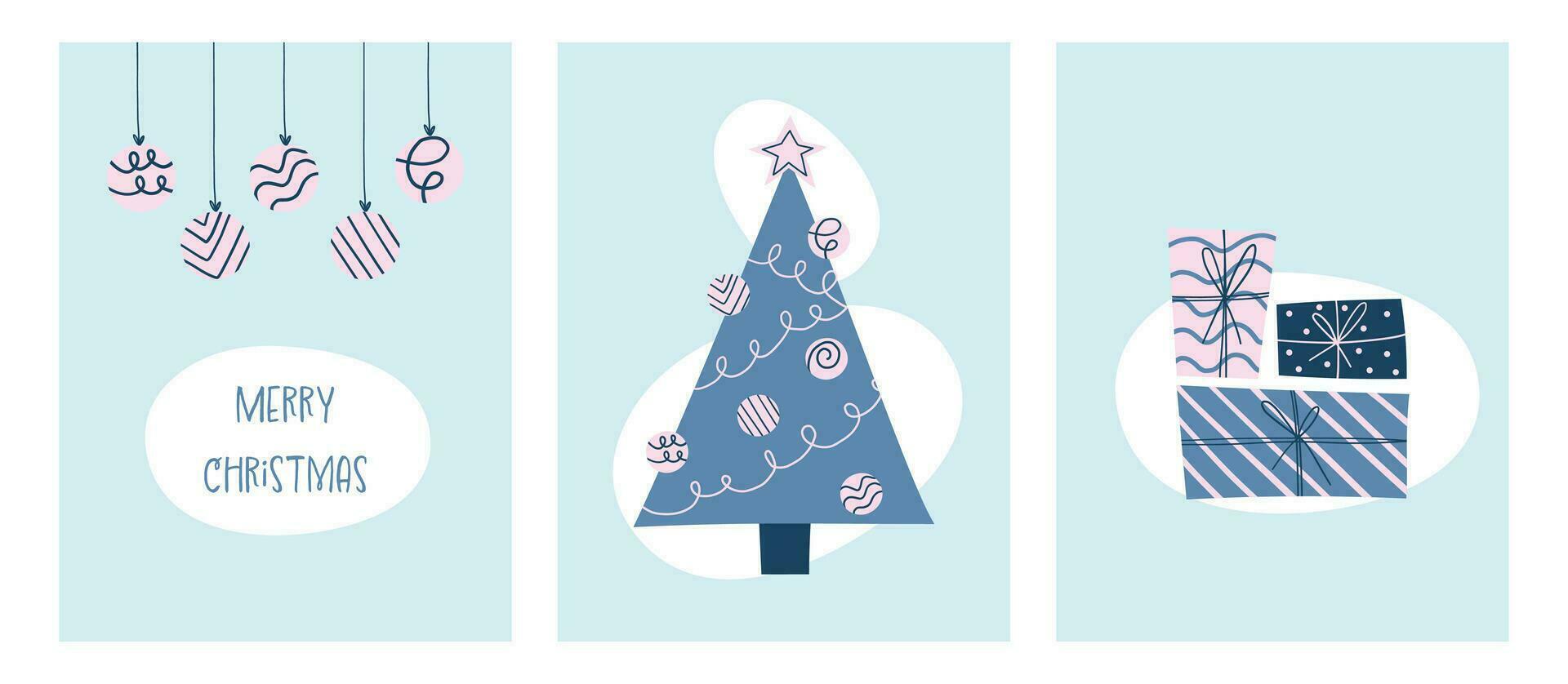 Merry Christmas set greeting cards, holiday covers. Modern Xmas design with triangle fir, balls and gifts in blue and pink colors in naive style. Christmas tree, ball, gifts vector