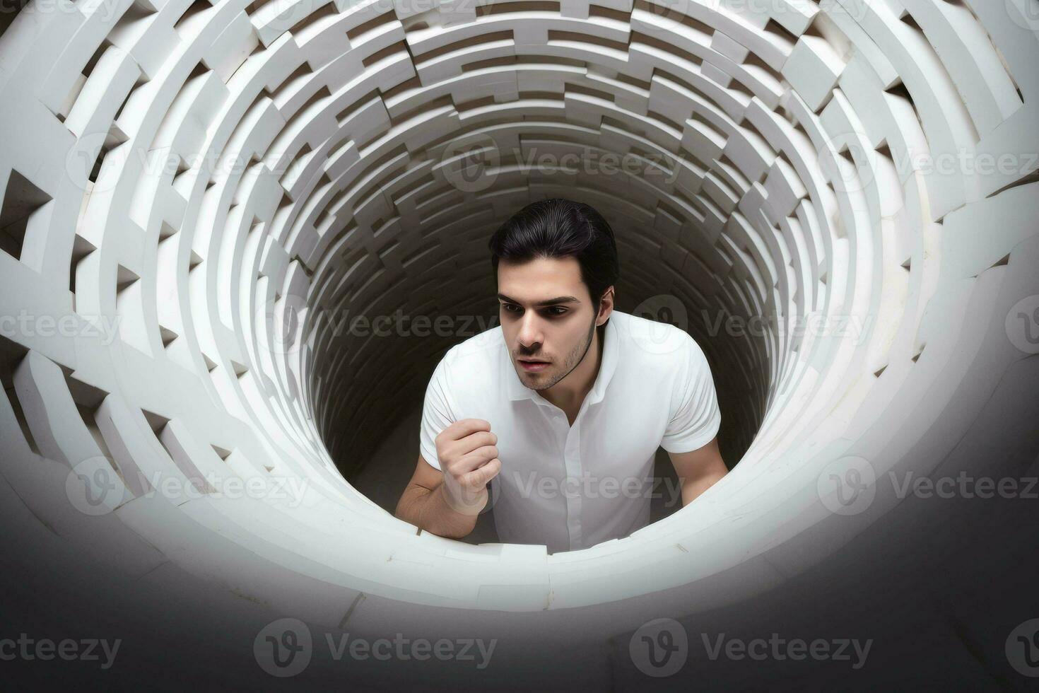 Confused man trapped in round maze. Generate ai photo