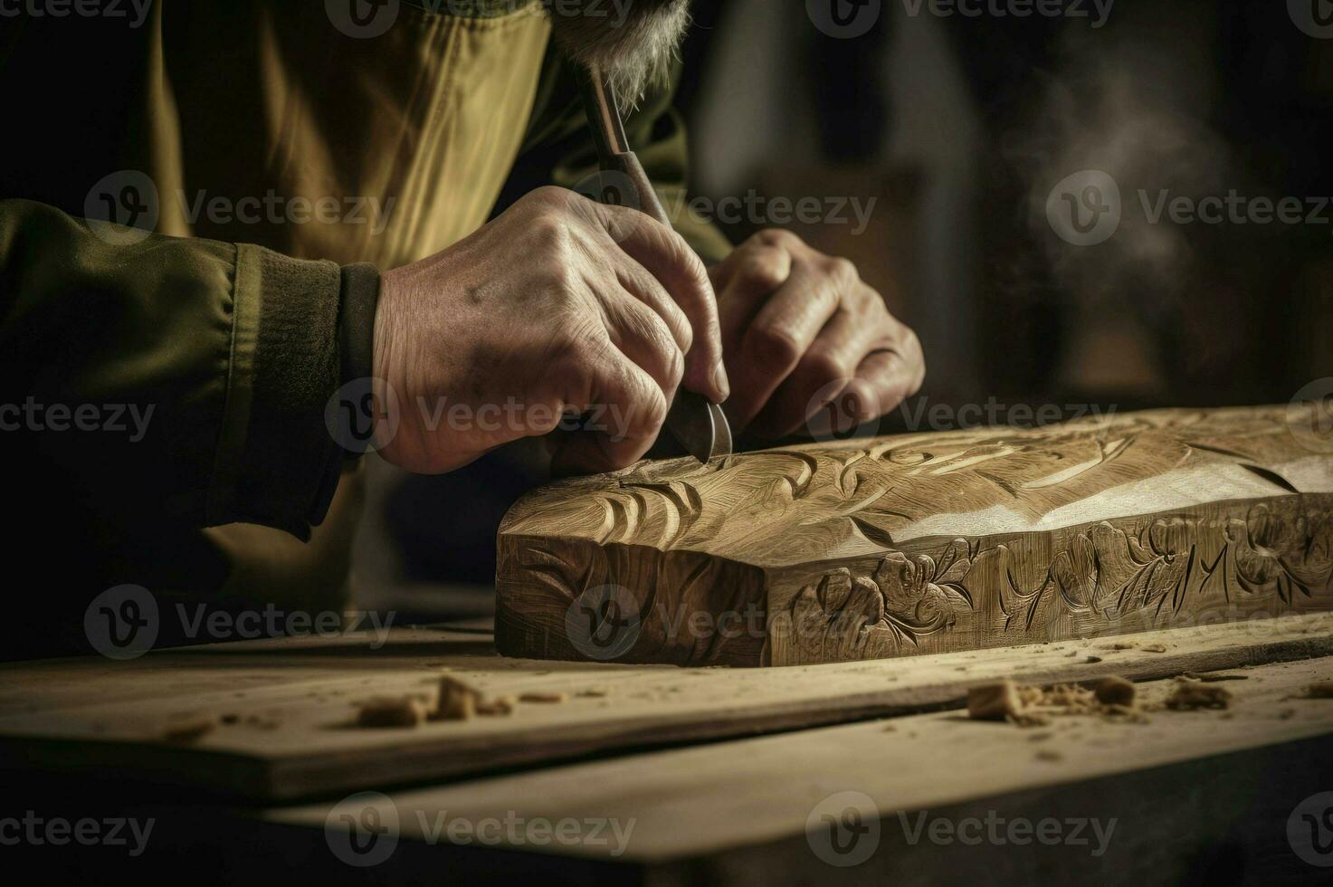 Skilled craftsman working with wood. Generate Ai photo