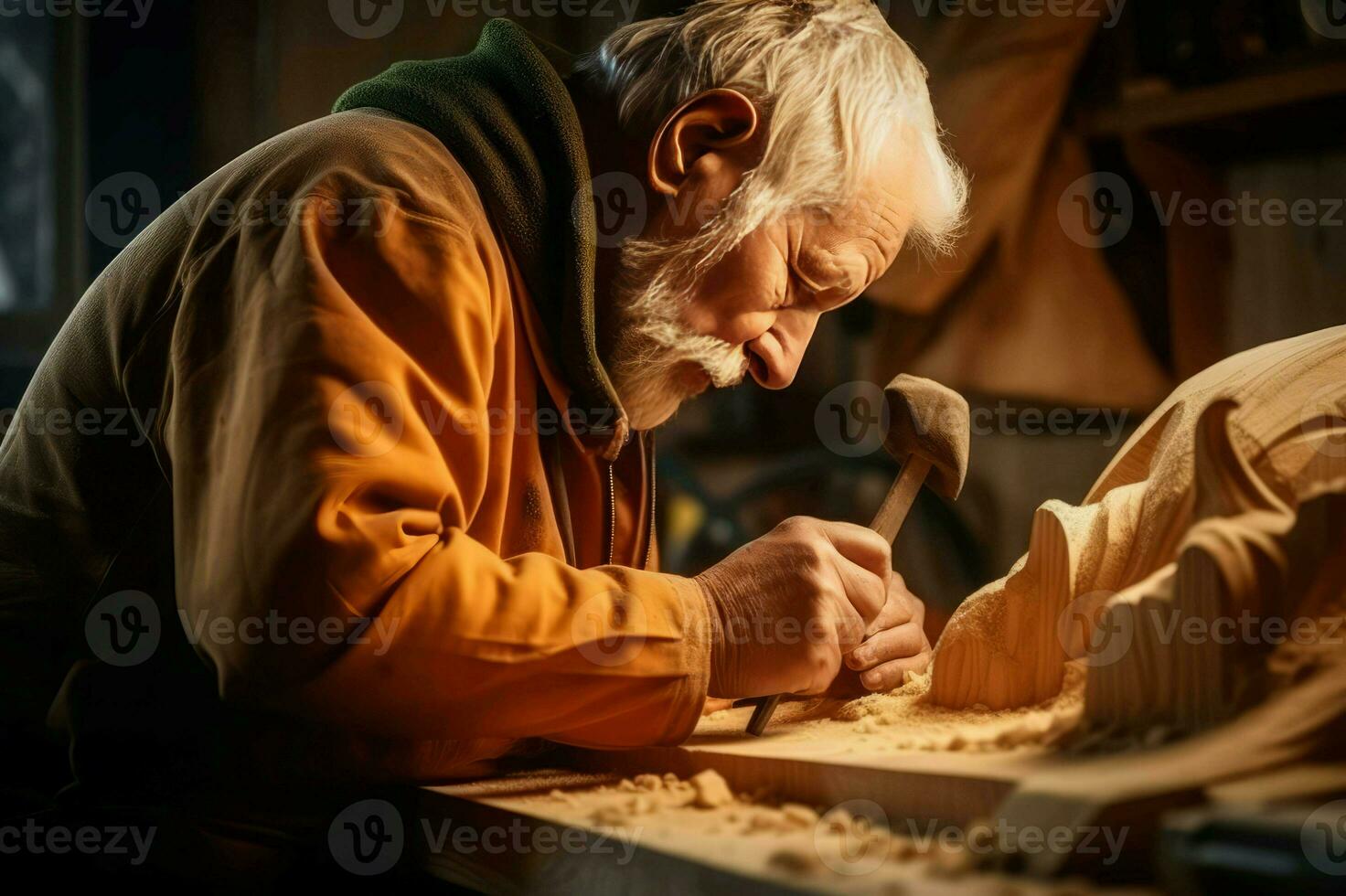 Woodcarver man working wood crafting. Generate Ai photo