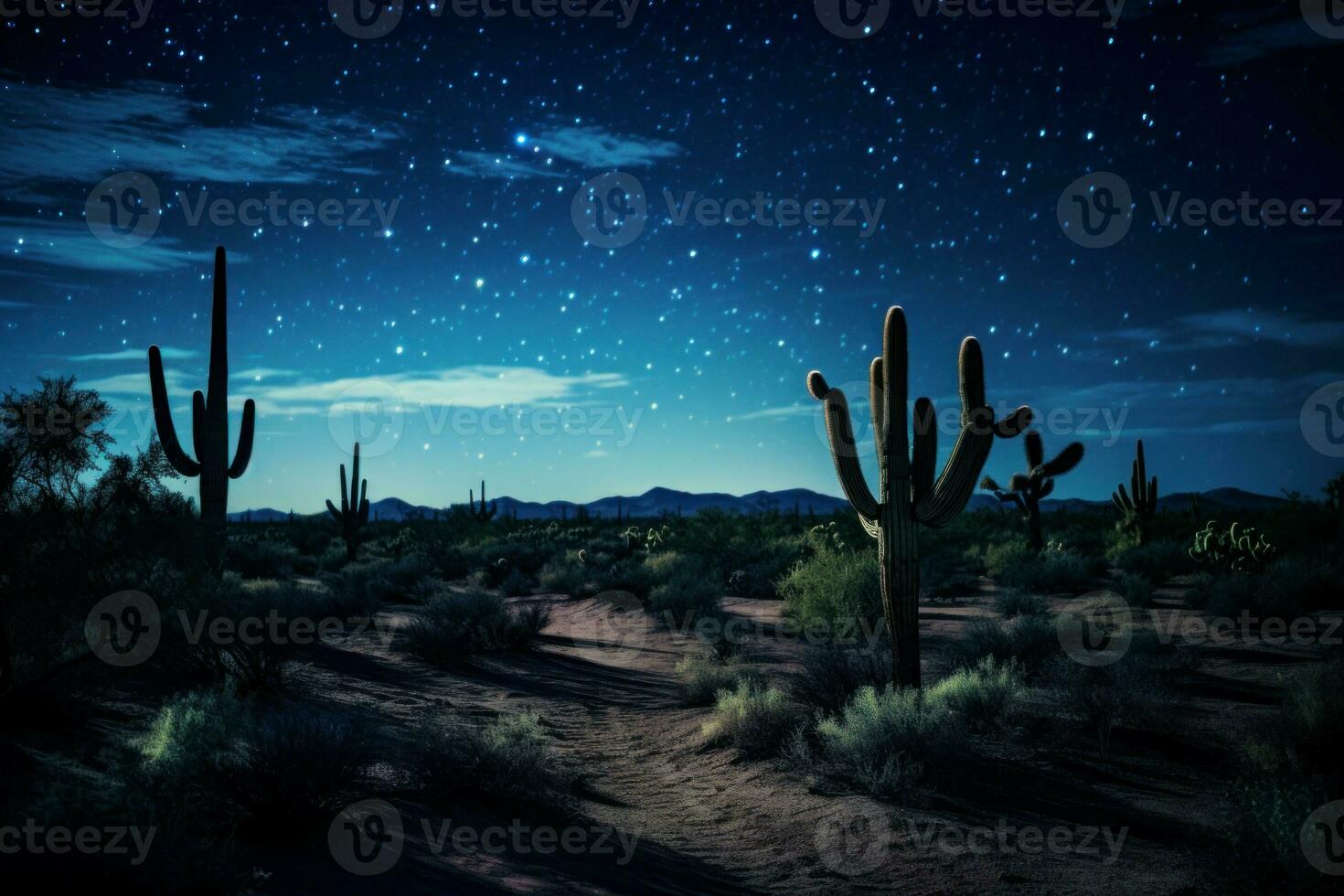 Mysterious Desert cactus night. Generate Ai photo