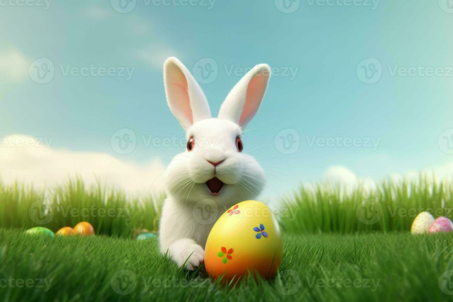 Little Easter rabbit on eggs hunting. Generate ai photo