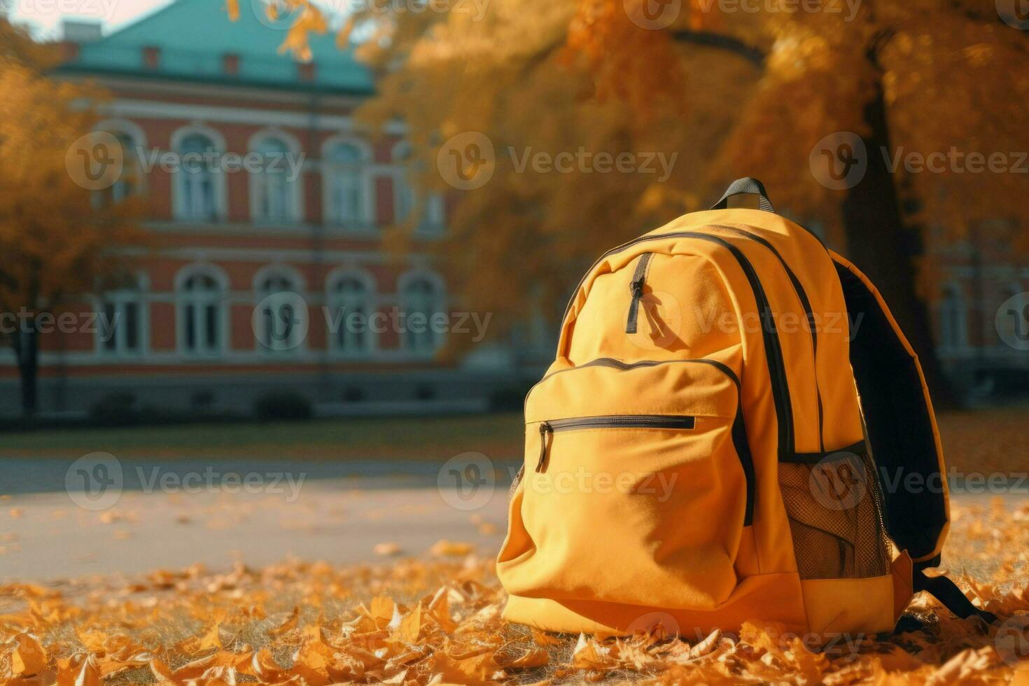 Yellow backpack stands in fall orange park. Generate ai photo