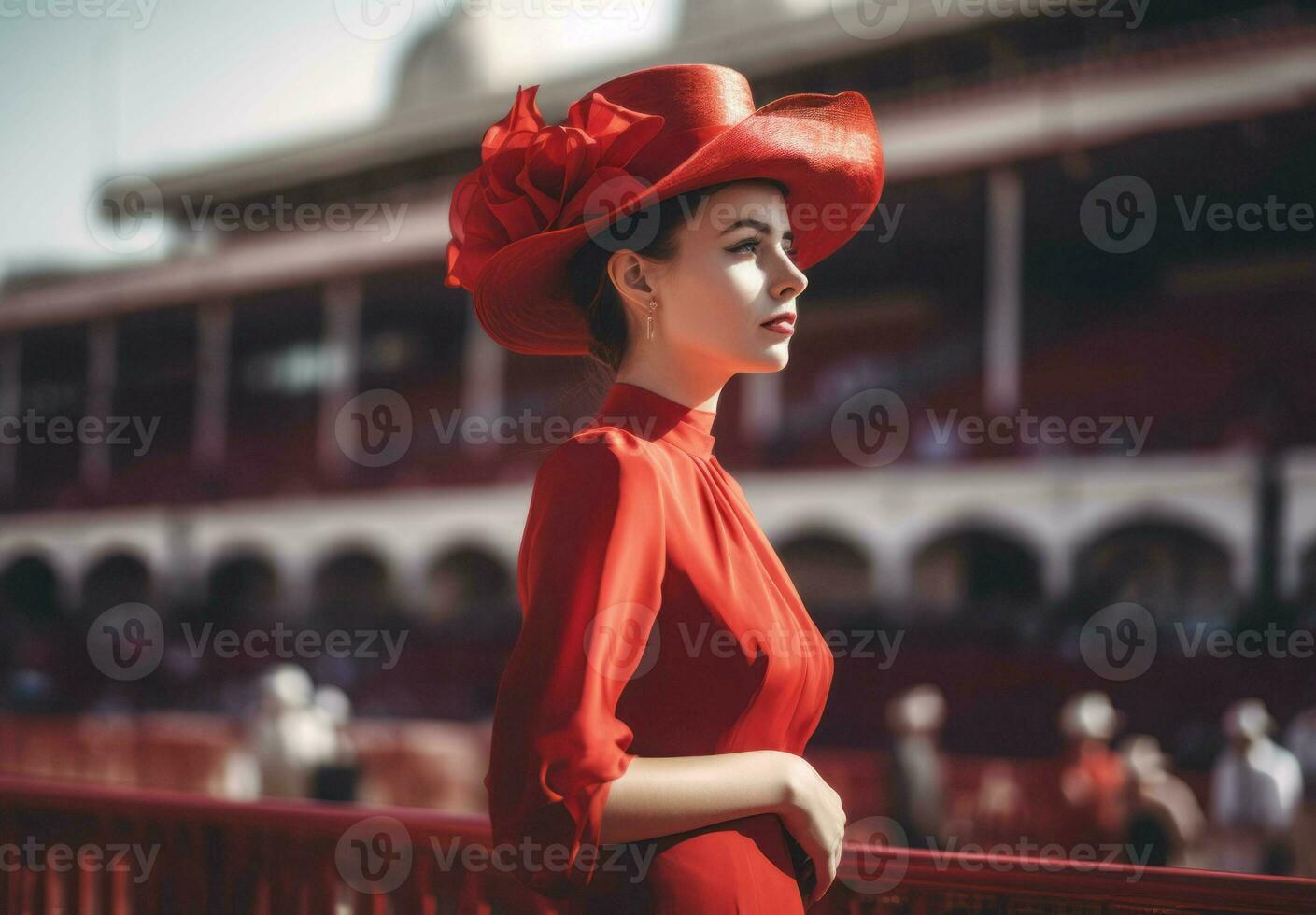 Beautiful elegant woman wearing red hat. Generate ai photo