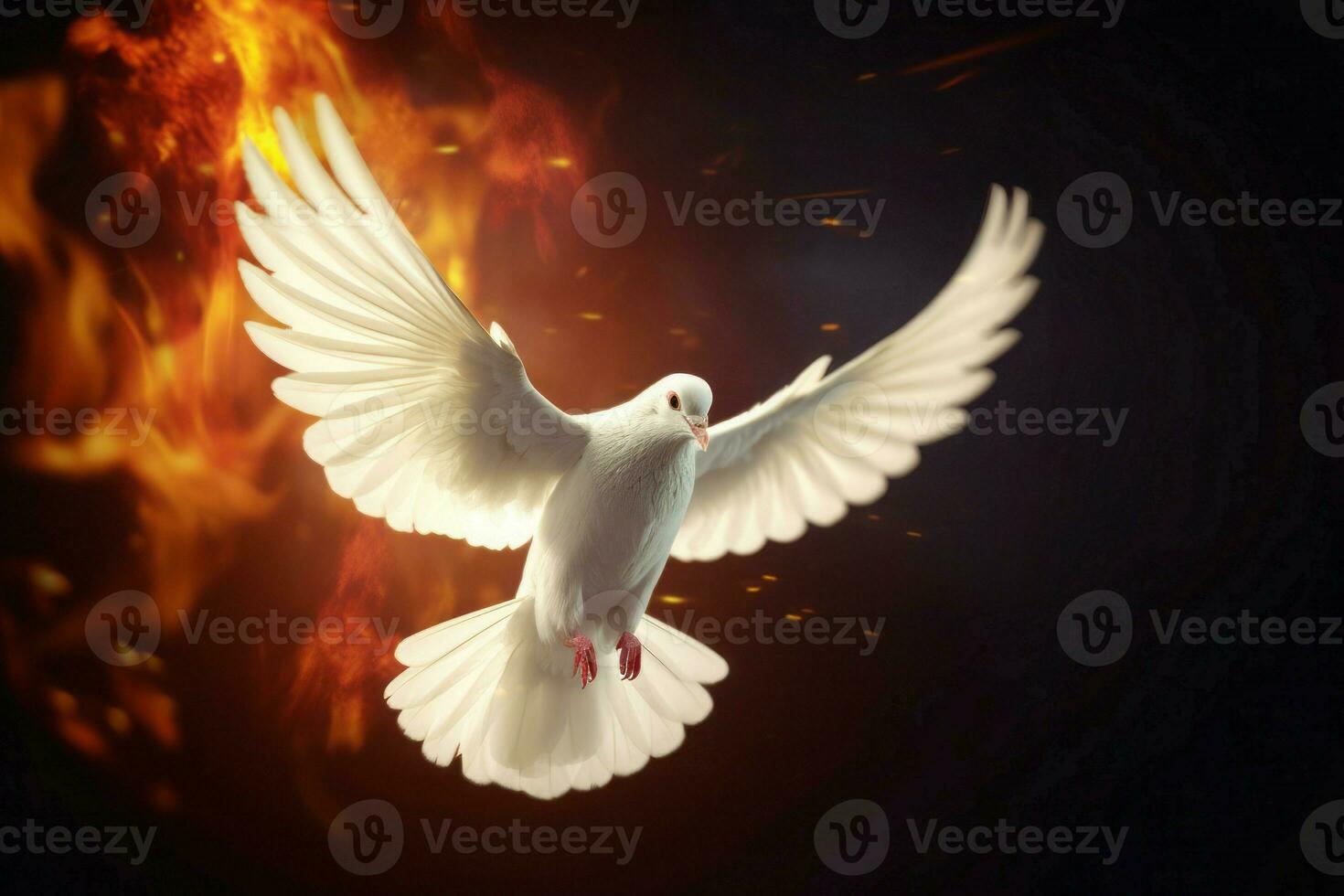 Flying white dove with fire marks on wings. Generate ai photo