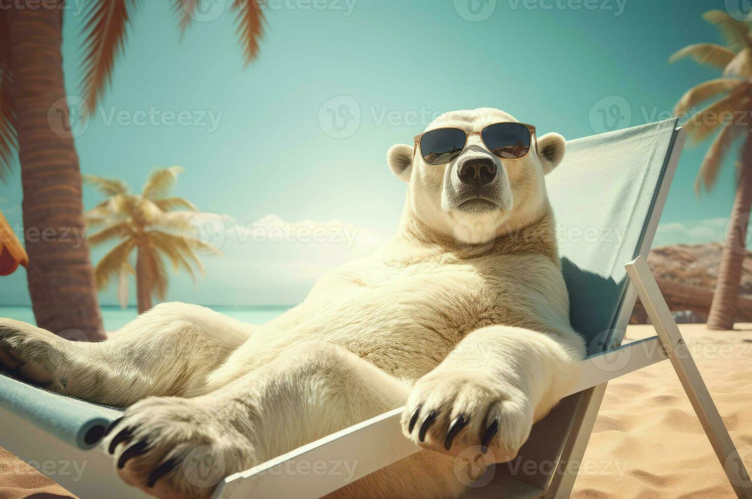Polar bear lounger with sunglasses. Generate Ai photo