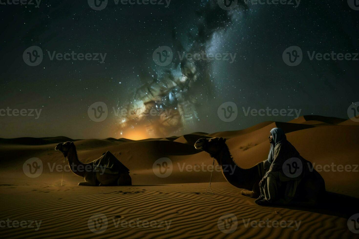 Camels amidst desert veil night. Generate ai photo