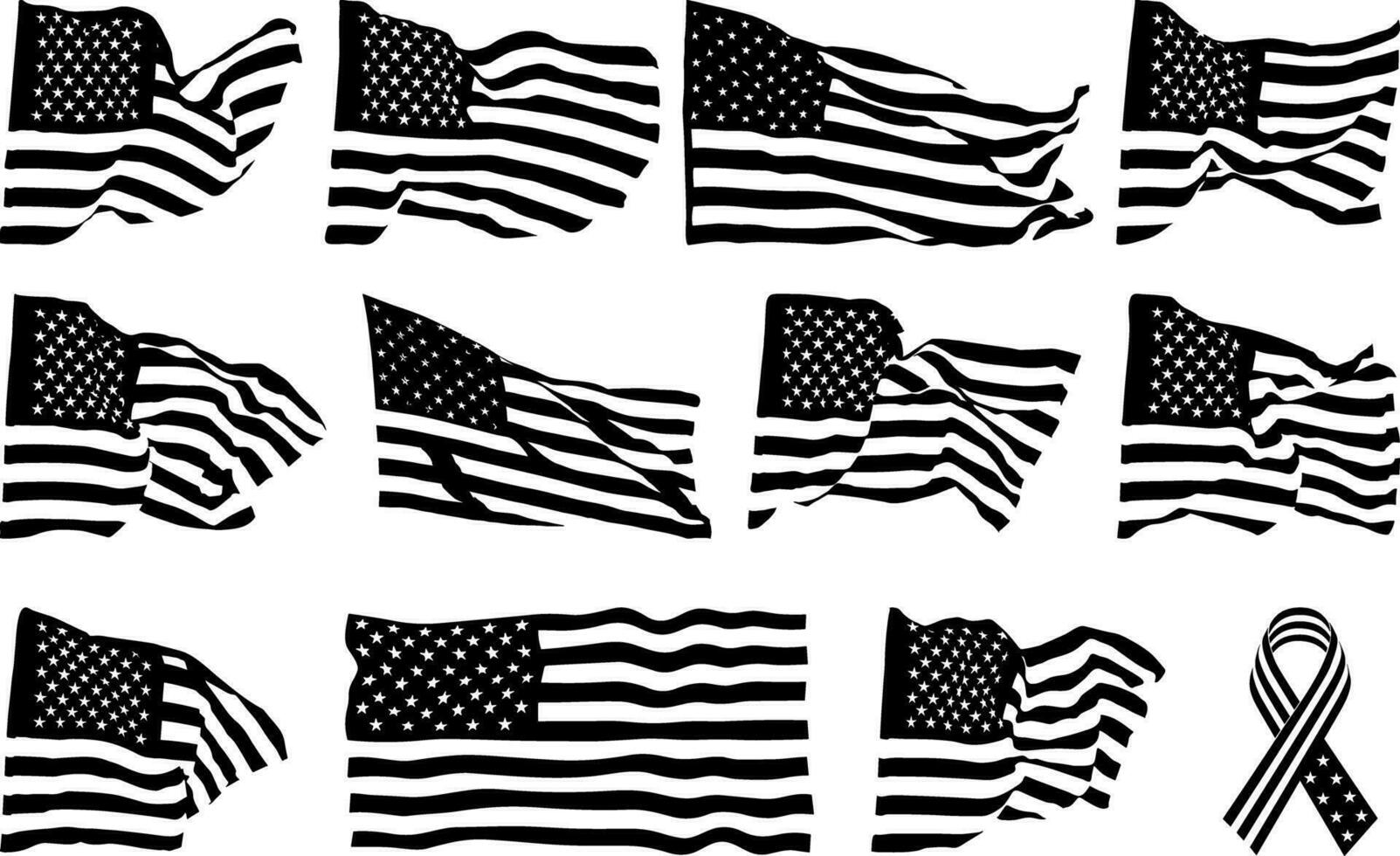 Set of flags of the United States of America, Collection of waving flag silhouettes in the wind, Set of independence, American flag icon set vector