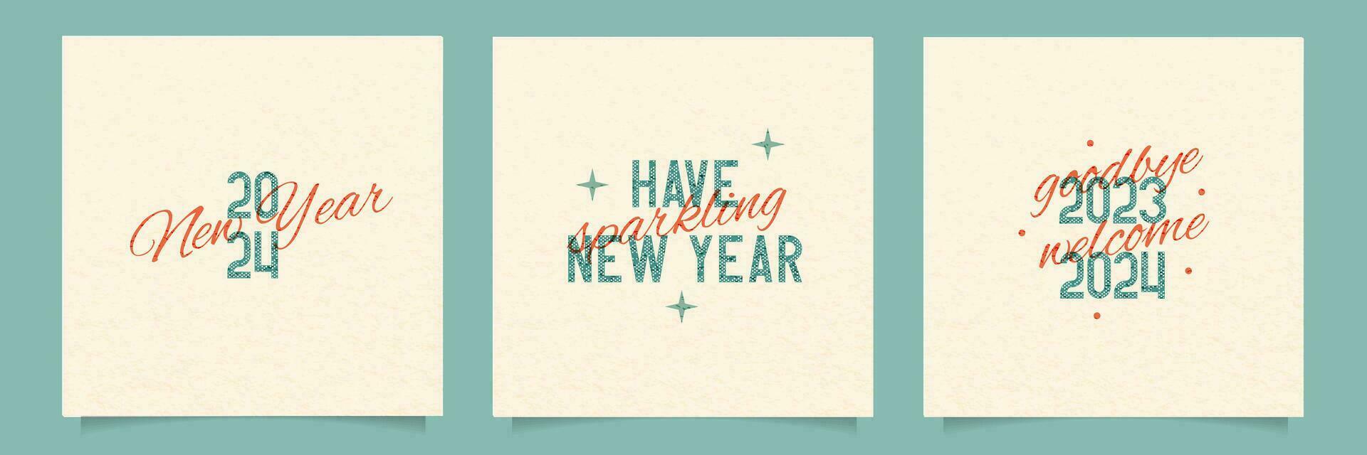 Happy new year 2024 greeting cards template set. Square Brochure with cute text and Risograph Effect. Greeting concept for 2024 new year celebration. Vector typography illustration.