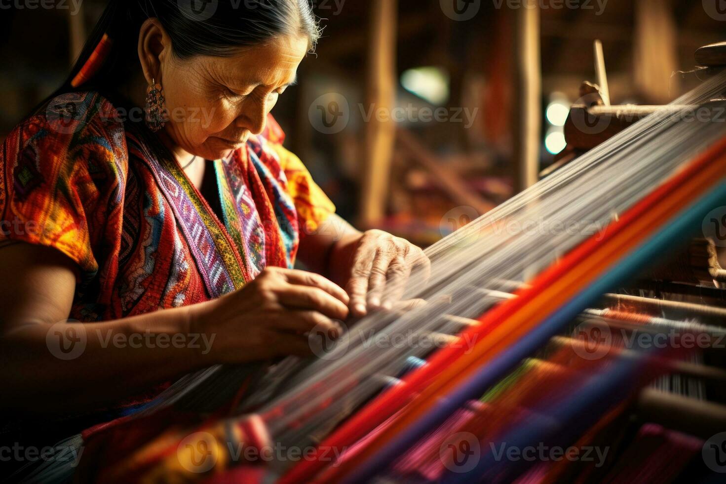 Heritage Craft. Indigenous elderly woman weaving intricate patterns on traditional looms. Colorful threads, patterns coming to life, focused artistry. Skilled craftsmanship,  Weaver AI generated photo