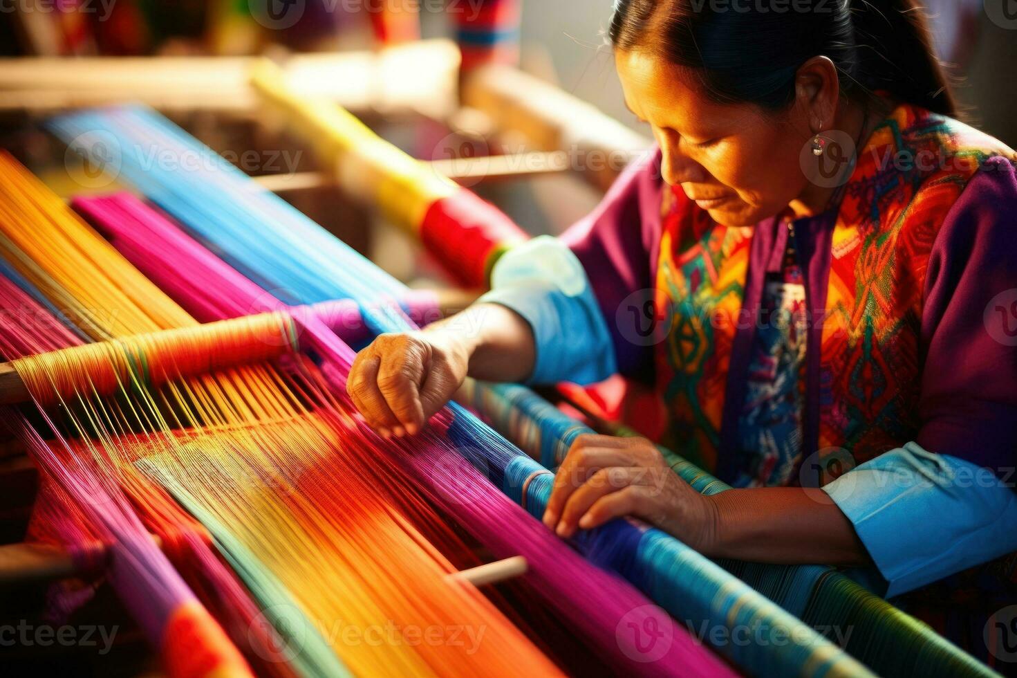 Traditional craft. Indigenous elderly woman weaving intricate patterns on traditional looms. Colorful threads, patterns coming to life, focused artistry. Skilled craftsmanship AI generated photo