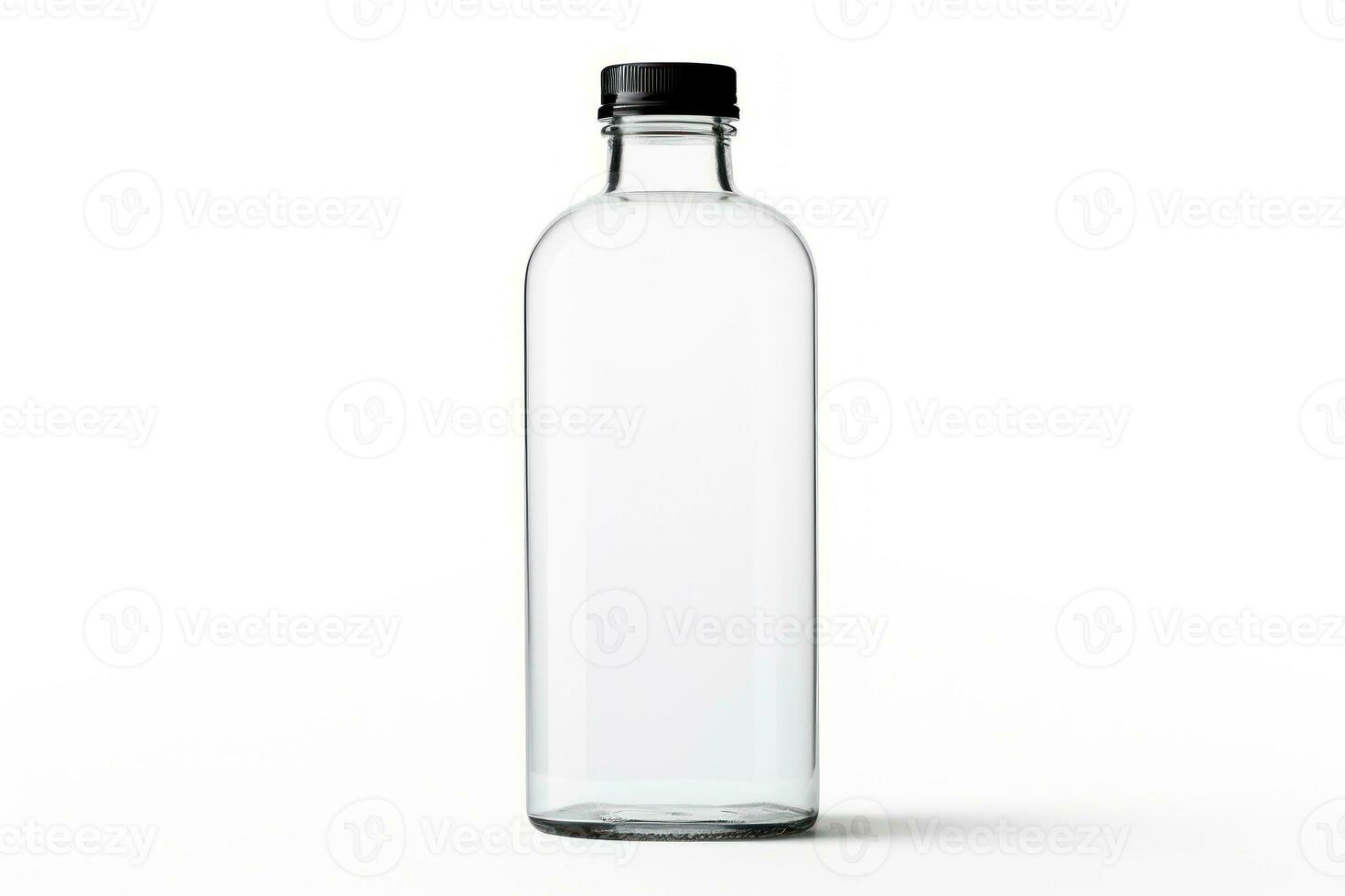 Transparent clean empty Glass bottle with cap isolated on white background. Mockup, template for design. With copy space. Empty bottle for drink, juice, lemonade, milk, beer, water, soda. AI generated photo