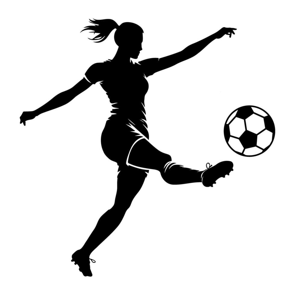 Female soccer player kicking the ball silhouette. Vector illustration