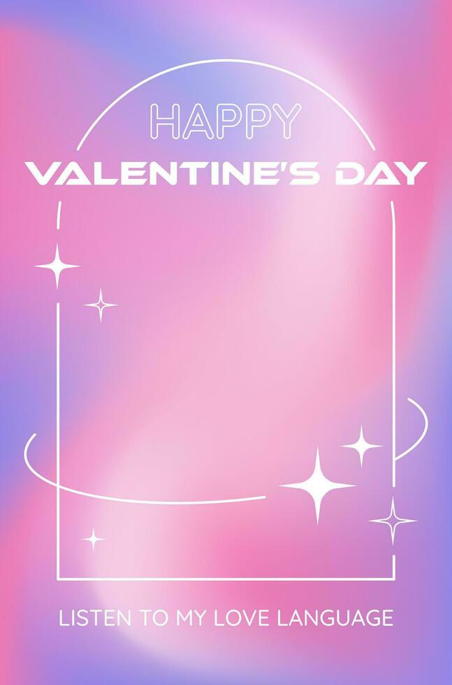 Valentine's Day poster in Y2K aesthetics, thin frame with heart, text greeting on a gradient mesh liquid background. Vector illustration.