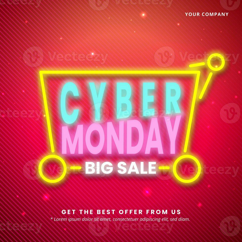 Square Cyber Monday Sale banner with neon-style text with a dark red background photo