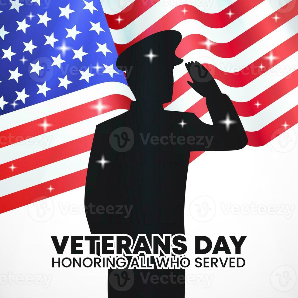 Square Veterans Day background with a veteran silhouette and flag photo