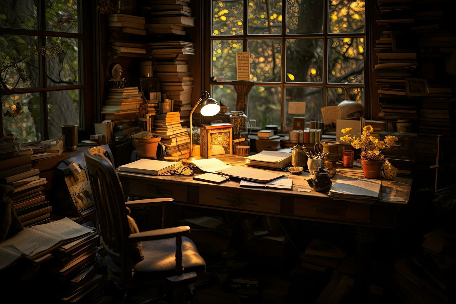 antiguo libros en el mesa en el biblioteca a noche. selectivo enfocar, sumergirse tú mismo en un del escritor refugio, con un escritorio adornado con libros, un diario, ai generado foto