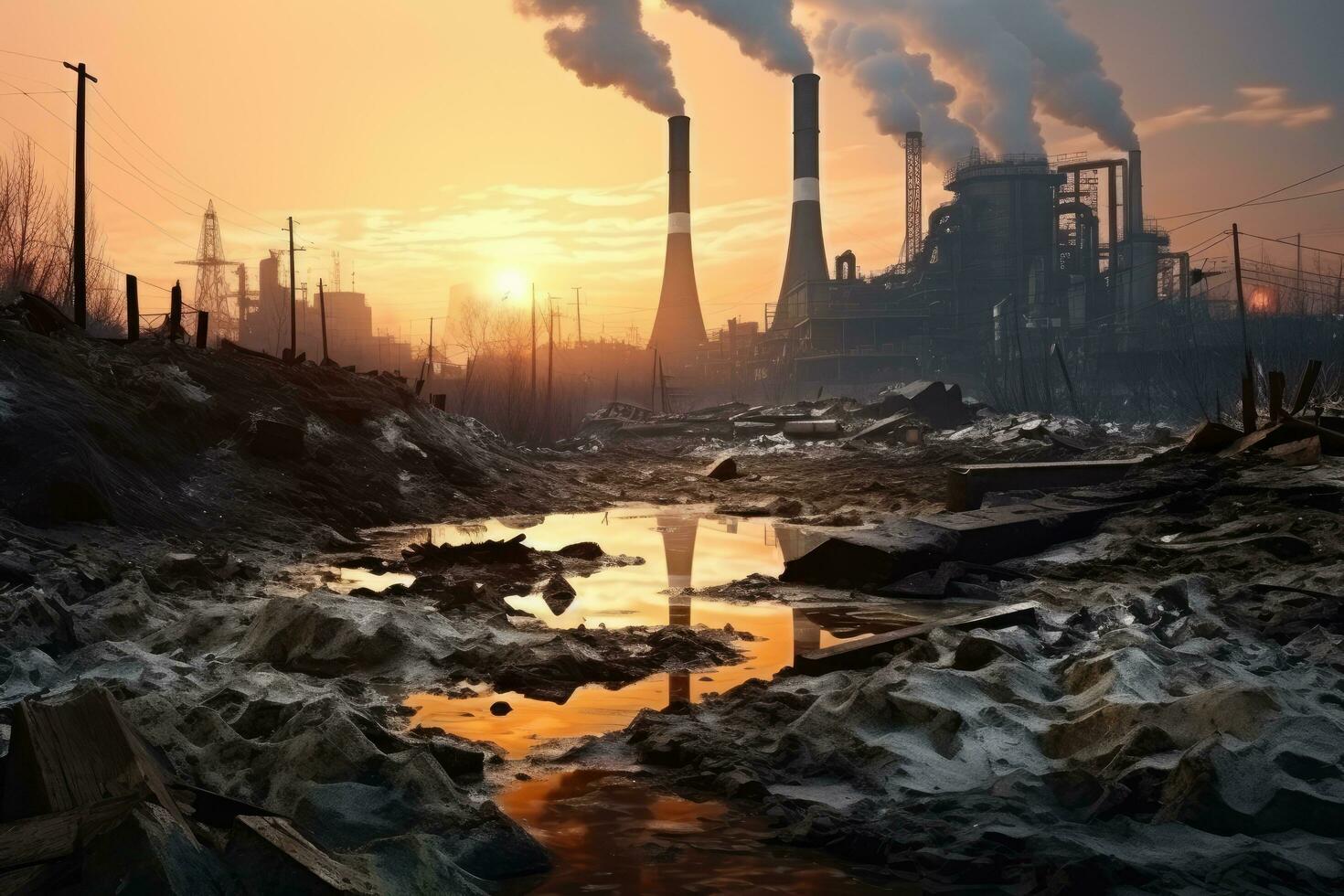 industrial paisaje con chimenea a atardecer, 3d prestar, industrial paisaje con contaminado río, contaminación de el ambiente, ambiental desastre, ai generado foto