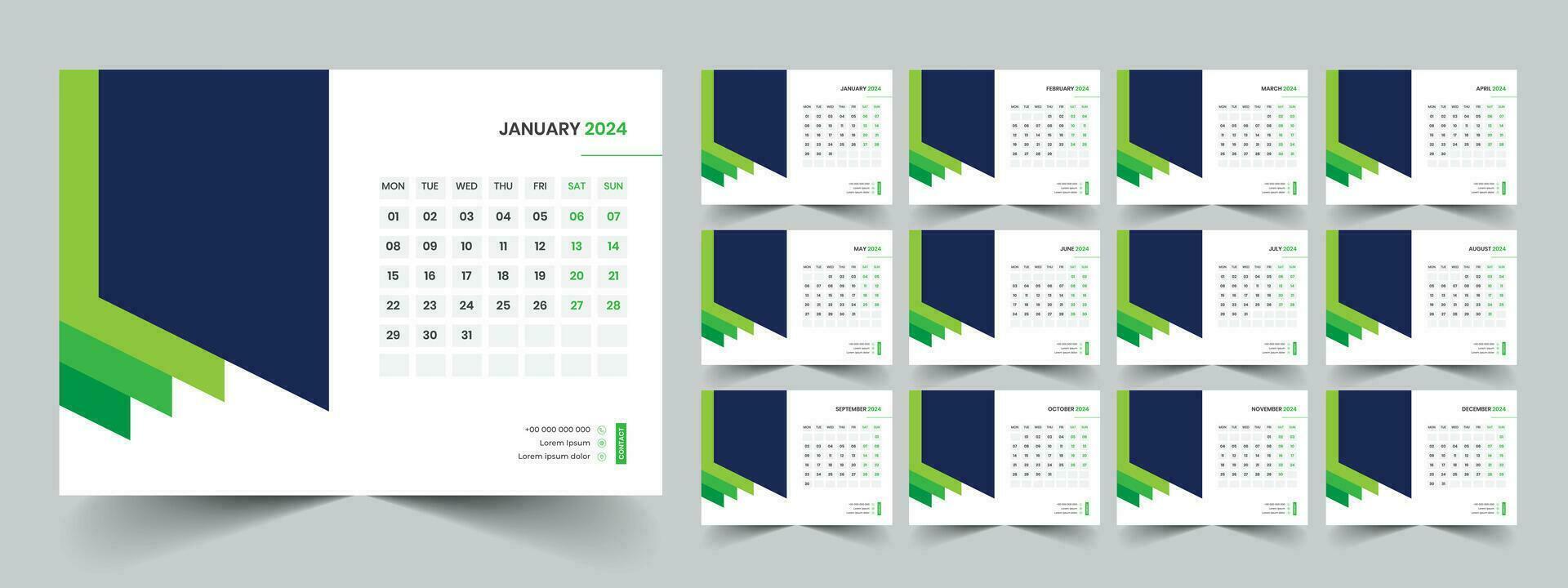 calendario 2024 semana comienzo lunes corporativo diseño planificador modelo vector