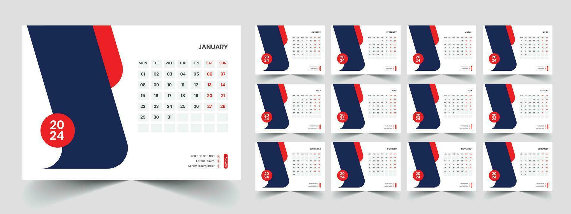 Calendar 2024 week start Monday corporate design planner template vector