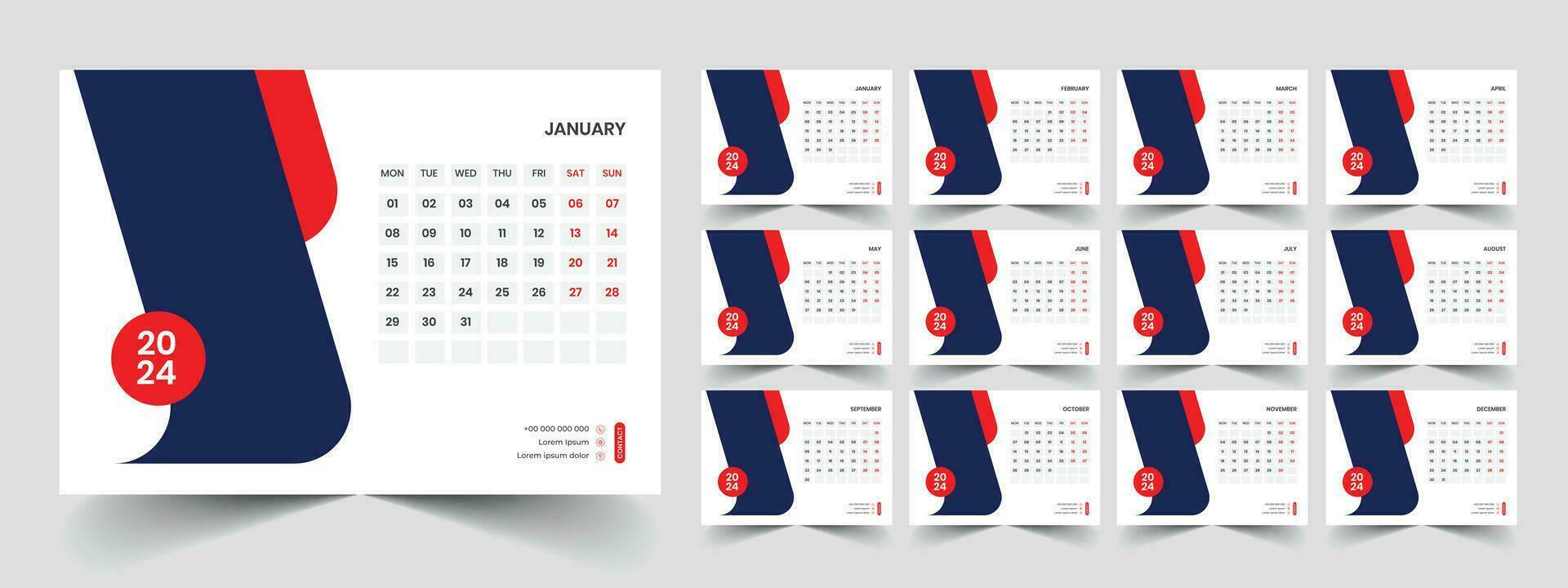 calendario 2024 semana comienzo lunes corporativo diseño planificador modelo vector