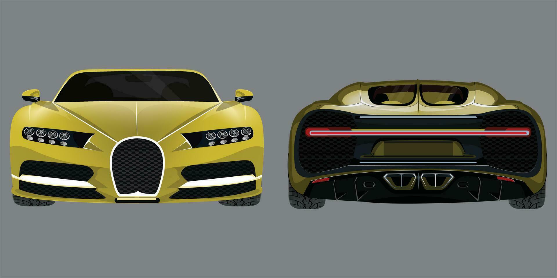 nuevo Deportes auto, moderno estilo. metálico amarillo Deportes auto, bandera composición. 3d ilustración. realista vector amarillo coche con gradientes y perspectiva desde el lado y frente