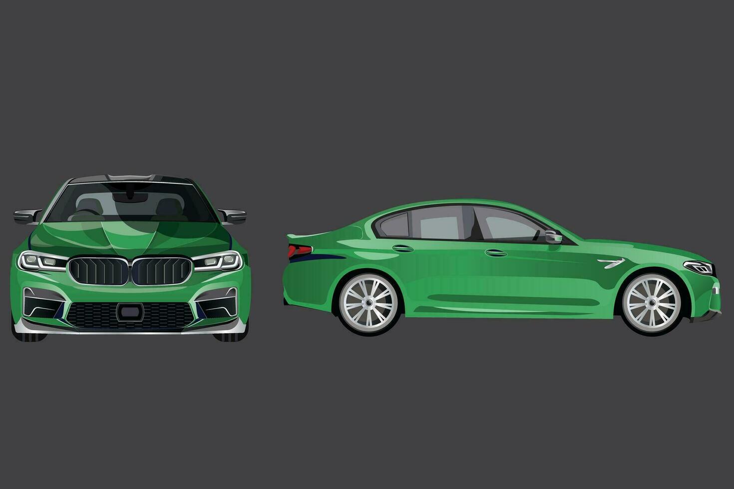 New car, modern stylish sedan. metallic green sedan, banner composition. 3D illustration. Realistic vector blue car with gradients and perspective from the side and front