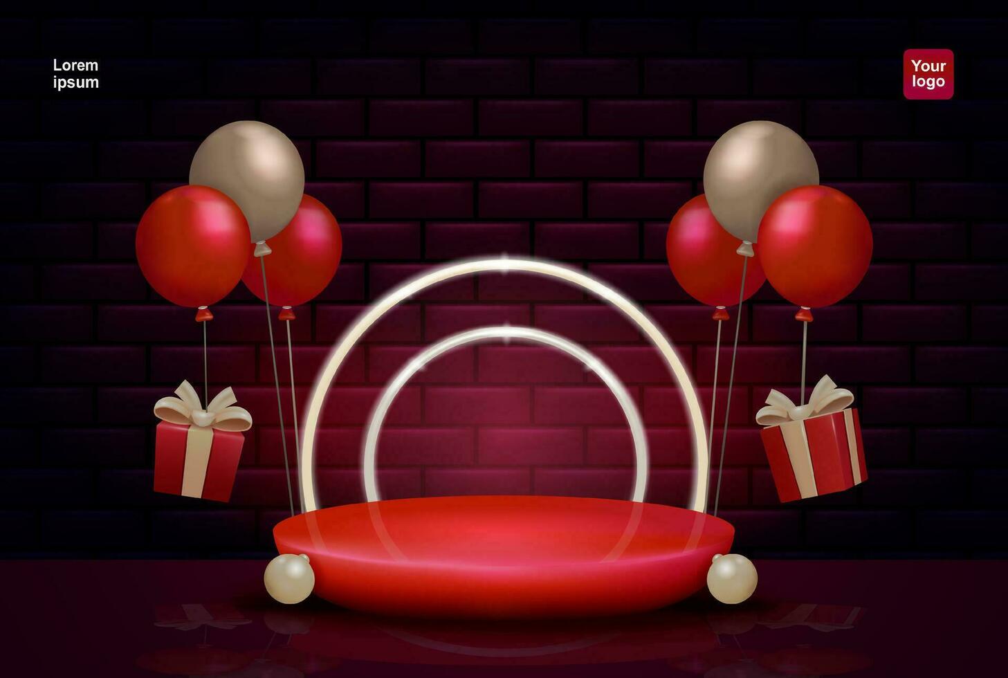 Black and red geometric stage podium, podium with balloon elements, gift boxes and red lights. 3d vector, suitable for special offers Big sales on Black Friday and Christmas vector