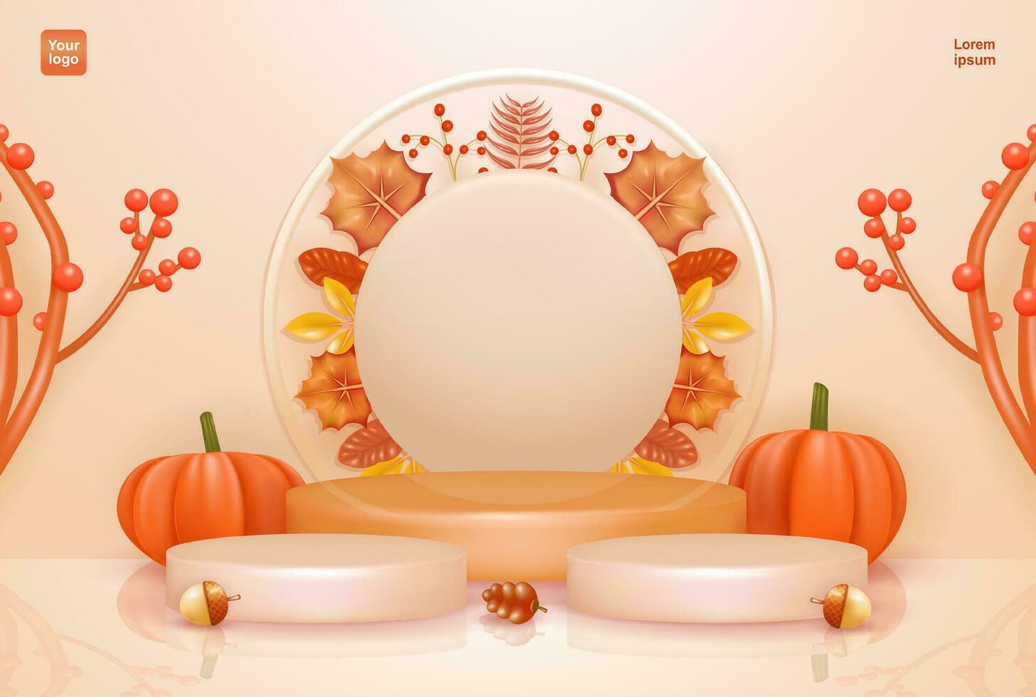 Product banner for fall. Beautiful fall leaf ornament, pumpkin, tree and acorn illustration. 3d Vector, Background or banner template for Fall and Autumn design vector