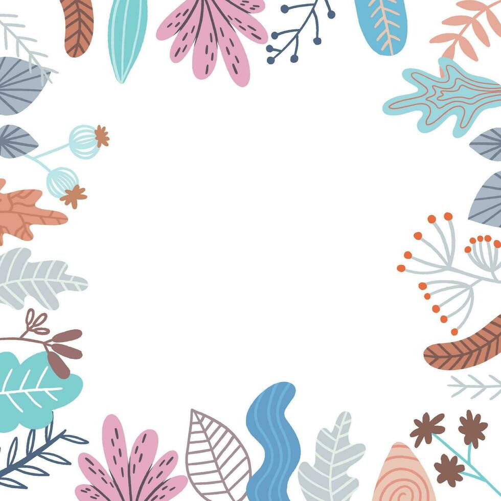 Plants and leaves background in flat style with space for text. Forest, garden or jungle backdrop. Foliage banner, spring and summer card design, nature poster. Vector illustration.